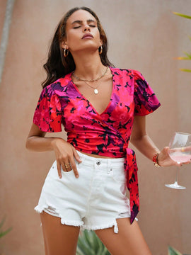 VCAY Camisa Floral Envolvente De Vacaciones Para Mujer Con Lazo En La Parte Delantera