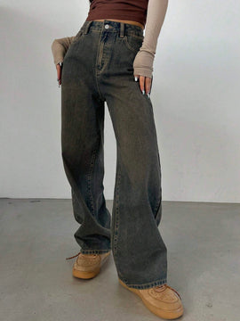 DAZY Pantalones De Mezclilla Vintage De Ajuste Holgado Lavados Con Detalles Desgastados Y Pierna Ancha