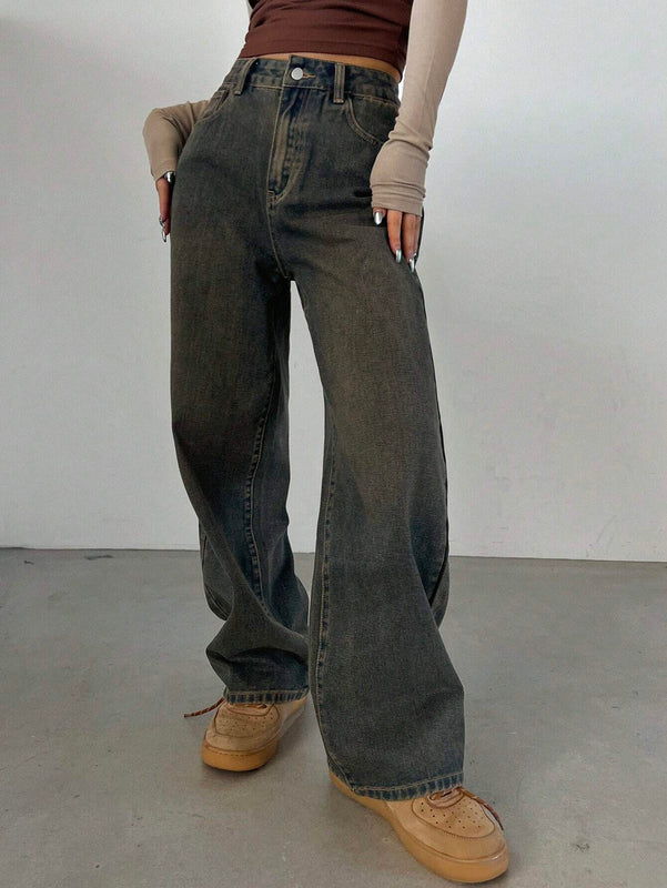 DAZY Pantalones De Mezclilla Vintage De Ajuste Holgado Lavados Con Detalles Desgastados Y Pierna Ancha