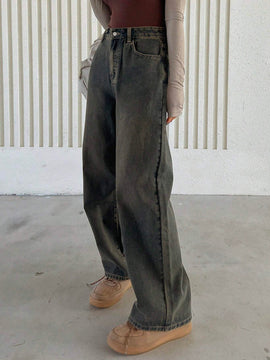 DAZY Pantalones De Mezclilla Vintage De Ajuste Holgado Lavados Con Detalles Desgastados Y Pierna Ancha