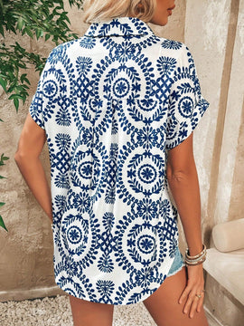 LUNE Camisa De Manga Corta Con Mangas De Murcielago Y Botones Estampada En El Frente