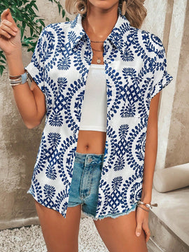 LUNE Camisa De Manga Corta Con Mangas De Murcielago Y Botones Estampada En El Frente