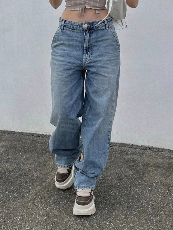 Jeans De Cintura Alta Holgados Con Piernas Anchas Y Desgastados