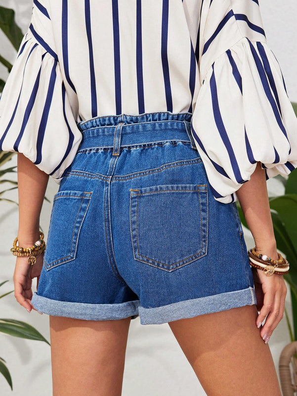 VCAY Pantalones Cortos De Mezclilla Para Mujeres Con Dobladillo Enrollado Y Cintura Alta Con Curva
