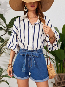 VCAY Pantalones Cortos De Mezclilla Para Mujeres Con Dobladillo Enrollado Y Cintura Alta Con Curva