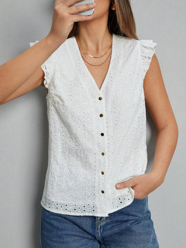 Essnce Camisa Bordada Hueca Con Dees De Botones Y Decoracion De Ribete Con Volantes