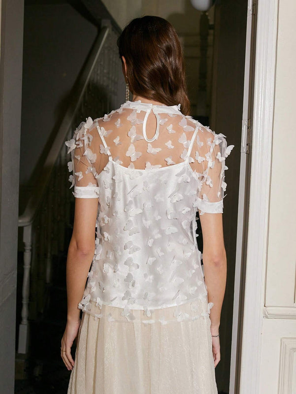 Top Transparente Con Apliques De Mariposa En 3d
