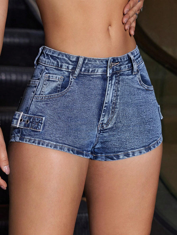 Shorts De Mezclilla Para Mujer Con Cierre De Metal