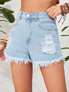 VCAY Shorts Vaqueros Desgastados Para Mujer Con Dobladillo Deshilachado