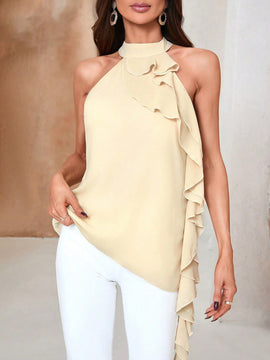 Prive Blusa Sin Mangas Con Cuello Halter Y Detalles De Volantes Y Parches Para Mujer