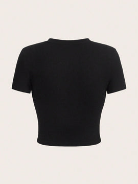 Camiseta De Manga Corta Y Cuello Redondo Simple Y Casual Con Ajuste Delgado Y Patron De Trebol De Cuatro Hojas, Adecuada Para Verano