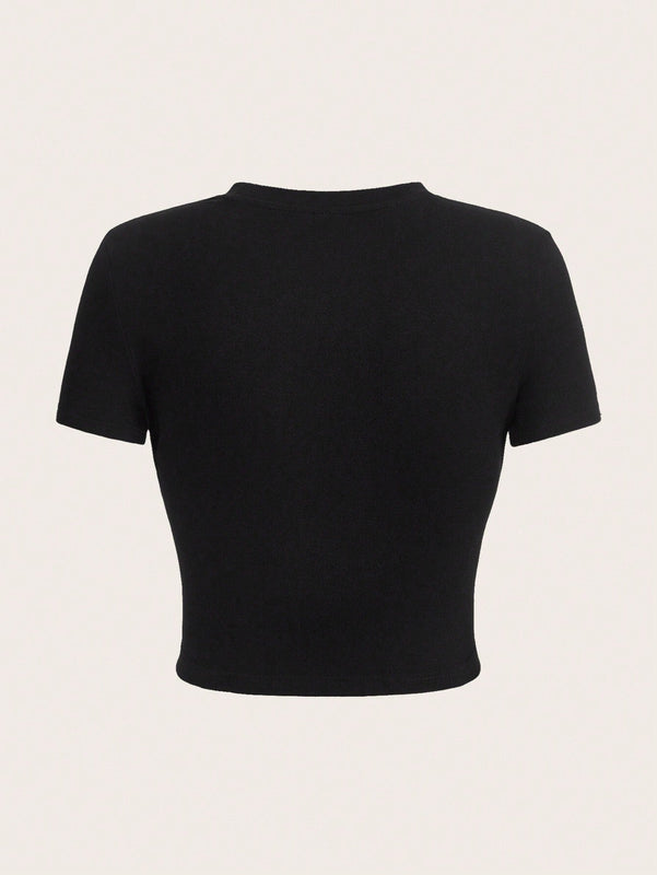 Camiseta De Manga Corta Y Cuello Redondo Simple Y Casual Con Ajuste Delgado Y Patron De Trebol De Cuatro Hojas, Adecuada Para Verano