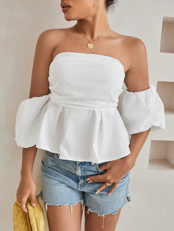 Essnce Camisa De Hombro Descubierto Y Sin Espalda Para Mujer Con Dobladillo Con Volantes