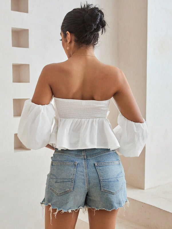 Essnce Camisa De Hombro Descubierto Y Sin Espalda Para Mujer Con Dobladillo Con Volantes