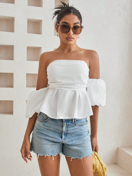 Essnce Camisa De Hombro Descubierto Y Sin Espalda Para Mujer Con Dobladillo Con Volantes
