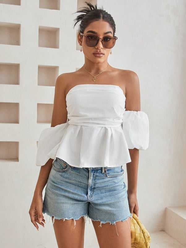 Essnce Camisa De Hombro Descubierto Y Sin Espalda Para Mujer Con Dobladillo Con Volantes