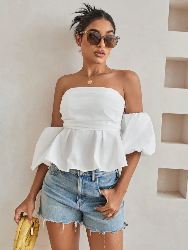 Essnce Camisa De Hombro Descubierto Y Sin Espalda Para Mujer Con Dobladillo Con Volantes