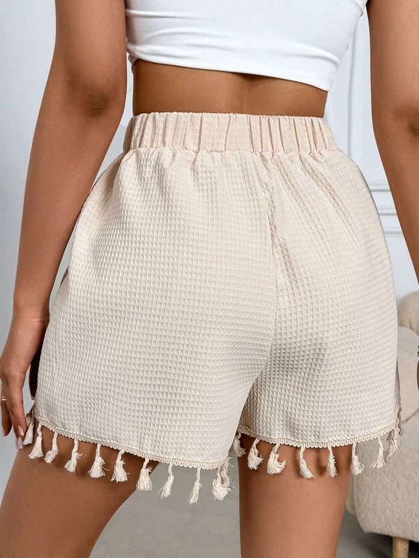 VCAY Pantalones Cortos De Cintura Elastica Texturizados Con Borlas En El Dobladillo