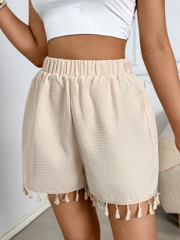 VCAY Pantalones Cortos De Cintura Elastica Texturizados Con Borlas En El Dobladillo