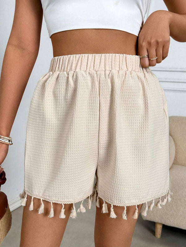VCAY Pantalones Cortos De Cintura Elastica Texturizados Con Borlas En El Dobladillo