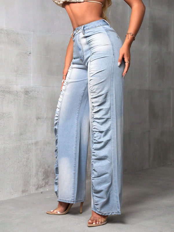 X SAMADHI  SXY Cardigan Plisado Lavado Con Jeans De Pierna Ancha