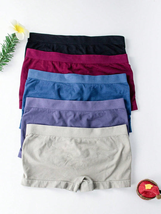 5 Piezas Calzoncillos De Mujer De Color Solido Con Angulos Planos