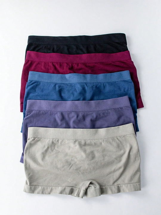 5 Piezas Calzoncillos De Mujer De Color Solido Con Angulos Planos