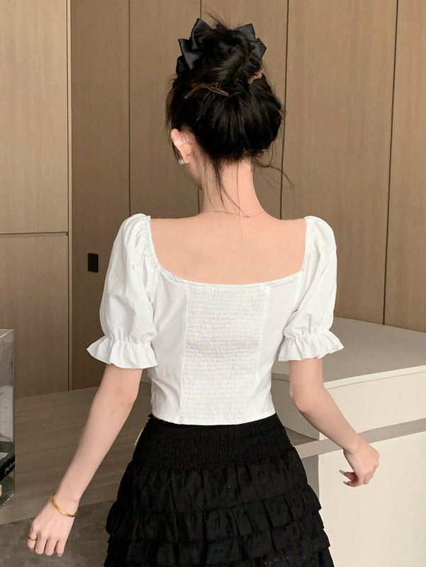 DAZY Camisa De Mujer De Manga Corta Abullonada Con Dobladillo Con Volantes