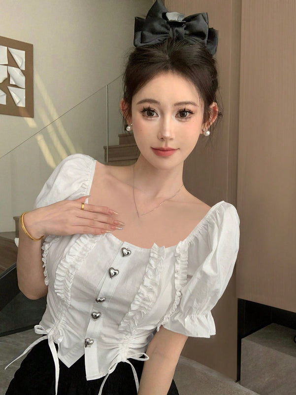 DAZY Camisa De Mujer De Manga Corta Abullonada Con Dobladillo Con Volantes