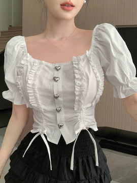 DAZY Camisa De Mujer De Manga Corta Abullonada Con Dobladillo Con Volantes