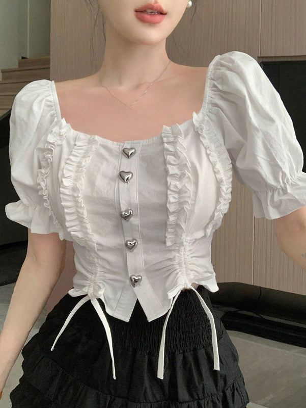 DAZY Camisa De Mujer De Manga Corta Abullonada Con Dobladillo Con Volantes