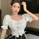 DAZY Camisa De Mujer De Manga Corta Abullonada Con Dobladillo Con Volantes