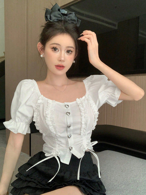 DAZY Camisa De Mujer De Manga Corta Abullonada Con Dobladillo Con Volantes