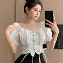DAZY Camisa De Mujer De Manga Corta Abullonada Con Dobladillo Con Volantes