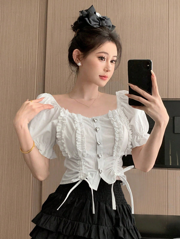DAZY Camisa De Mujer De Manga Corta Abullonada Con Dobladillo Con Volantes