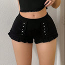 ICON Shorts Ultra Cortos Ajustados De Cintura Super Baja Con Estrellas Impresas, Adornados Con Ribetes De Volantes Y Tachuelas