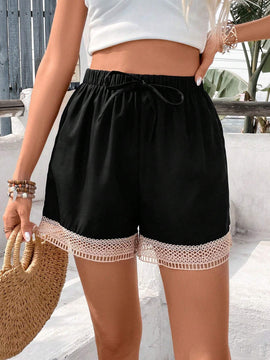 Frenchy Shorts Con Cordon, Patchwork De Encaje De Contrastde Para Mujeres
