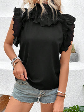 Camisa Con Cuello Alto De Mujer, Con Diseno De Dobladillo De Conjuntoa Y Mangas Cortas Acampanadas