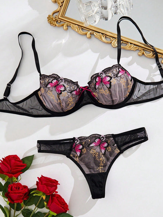 Conjunto De Sujetador Con Bordado De Mariposas Y Bragas Triangulares Para Mujeres