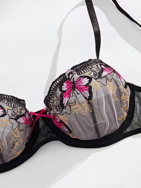 Conjunto De Sujetador Con Bordado De Mariposas Y Bragas Triangulares Para Mujeres