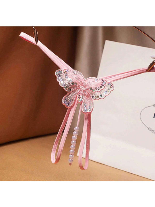 1 Pieza Tanga Sexy De Mujer Bordado Brillante Con Perlas, Entrepierna Abierta Y Malla Transparente, Bajo Ascenso