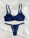 Conjunto de lenceria sexy azul bordado transparente con copa completa