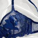 Conjunto de lenceria sexy azul bordado transparente con copa completa