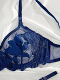 Conjunto de lenceria sexy azul bordado transparente con copa completa