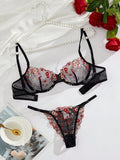 Set sexy de cinturon de liguero negro con flores bordadas en malla, sosten y panty con aro de acero
