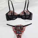Set sexy de cinturon de liguero negro con flores bordadas en malla, sosten y panty con aro de acero