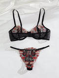Set sexy de cinturon de liguero negro con flores bordadas en malla, sosten y panty con aro de acero
