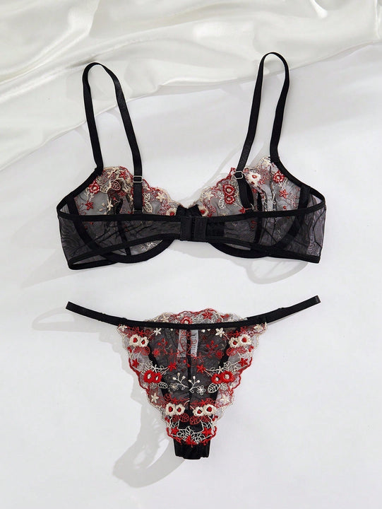 Set sexy de cinturon de liguero negro con flores bordadas en malla, sosten y panty con aro de acero