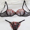 Set sexy de cinturon de liguero negro con flores bordadas en malla, sosten y panty con aro de acero