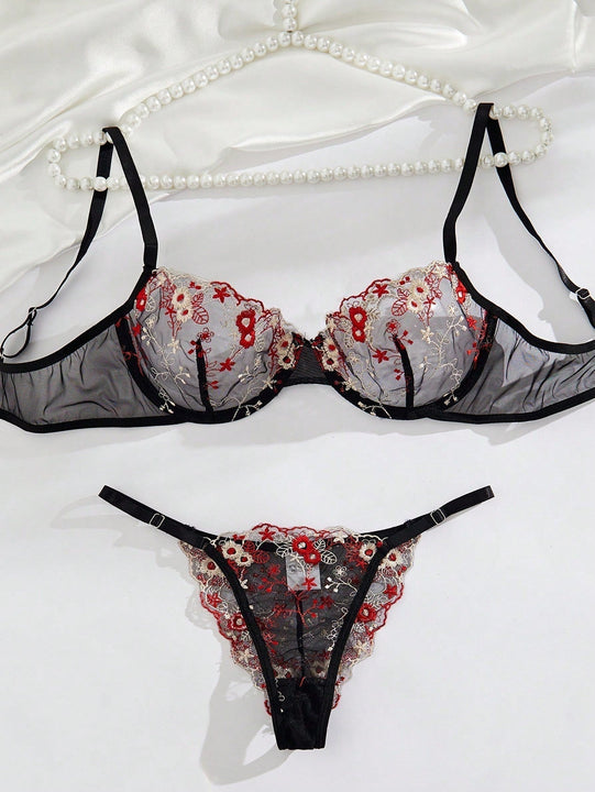 Set sexy de cinturon de liguero negro con flores bordadas en malla, sosten y panty con aro de acero
